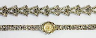 A MARCASITE LADY'S WRISTWATCH AND A MARCASITE BRACELET