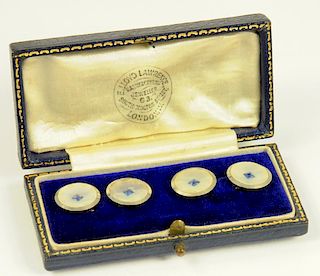 A PAIR OF EARLY 20TH CENTURY SAPPHIRE, MOTHER OF PEARL, PLATINUM AND GOLD CUFFLINKS, MARKED 9CT
