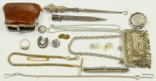A SILVER BROOCH, SILVER HANDLED BUTTON HOOK, SILVER PENCIL AND MISCELLANEOUS COSTUME JEWELLERY, ETC