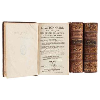 Croix, Jean - François de la. Dictionnaire Historique des Cultes Religieux... Paris, 1770. Tomos I - III. Cuatro láminas. Piezas: 3.