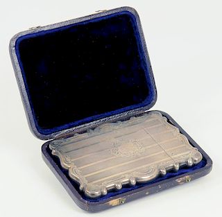A VICTORIAN SILVER CARD CASE, ENGINE TURNED, BY GEORGE UNITE, BIRMINGHAM 1857, MAROON MOROCCO