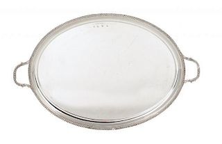 AN ELIZABETH II SILVER GADROONED OVAL TEA TRAY,  maker's mark rubbed, Chester 1960, 87ozs