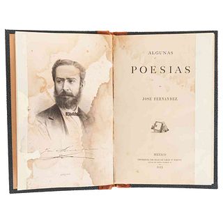 Fernández, José. Algunas Poesías. México, 1873. Frontispicio de H. Iriarte. Dedicatoria y firma del autor.