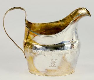 A GEORGE III SILVER OVAL ENGRAVED CREAM JUG, CRESTED, LONDON 1803, 3OZS
