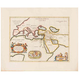 Ortelius, Abraham. Geographia Sacra. La Haye, 1741. Mapa grabado coloreado. Muestra el mundo basado en el antiguo y nuevo testamento.