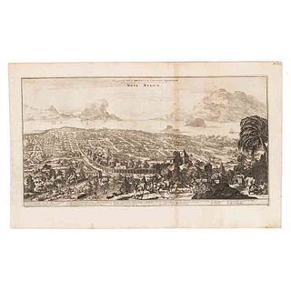 Montanus, Arnoldus. Nova Mexico. Amsterdam, 1671. Grabado, 29 x 54.7 cm. Vista de la ciudad de México derivada de la obra de Trasmonte.