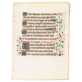 Anónimo. Hoja Iluminada. Francia, mediados del Siglo XV. 15 x 11.5 cm. Manuscrito medieval en vitela de un libro de horas.