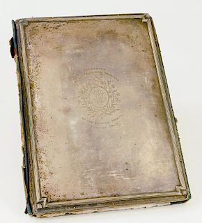 A SILVER MOUNTED LEATHER BLOTTING BOOK, ENGRAVED ON THE COVER PRESENTED BY THE MUNITION WORKS OF THE