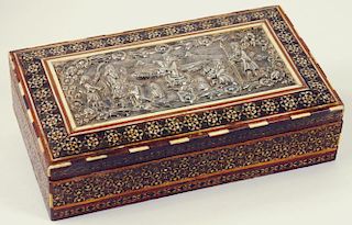 AN INDIAN SADELI WORK CIGARETTE BOX AND COVER, THE COVER INSET WITH A REPOUSSÉ SILVER PANEL, EARLY