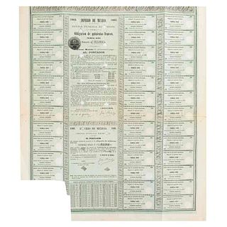 Imperio de México. Deuda Pública Exterior. México, 1865. Obligación de 500 francos. Primera Serie - Número 12,213.