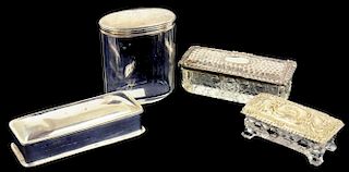 AN EDWARD VII SILVER RING BOX, PROBABLY BIRMINGHAM, 1904 AND TWO CUT GLASS HAIRPIN BOXES AND A