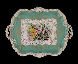 A JOHN RIDGWAY APPLE GREEN GROUND CABARET TRAY, C1845 painted to the centre with a large panel of