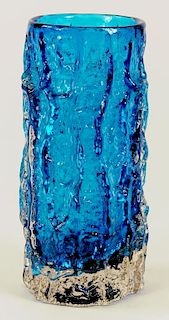 A WHITEFRIARS KINGFISHER BLUE CYLINDRICAL VASE FROM THE TEXTURED RANGE, C1970