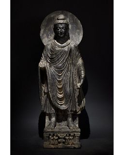 HUGE GANDHARA SCHIST STONE FIGURE OF STANDING BUDDHA