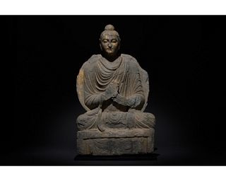 RARE GANDHARA GOLD GILDED SCHIST STONE FIGURE OF SEATED BUDDHA