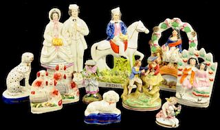 A SMALL COLLECTION OF STAFFORDSHIRE FIGURES, DOGS AND FLATBACKS, MAINLY 19TH C