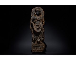 LARGE GANDHARA SCHIST STONE FIGURE OF STANDING BUDDHA
