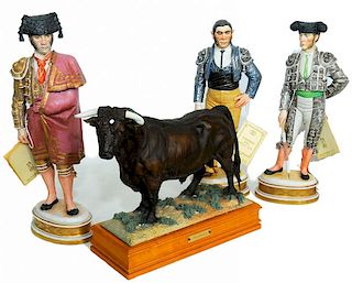 FOUR ALGORA LIMITED EDITION PORCELAIN FIGURES COMPRISING THREE TOREROS AND A BULL, 1980S