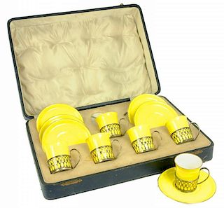 A SET OF SIX SHELLEY YELLOW GROUND PORCELAIN COFFEE CUPS AND SAUCERS WITH PIERCED SILVER  CUP