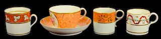 A HICKS & MEIGH MARBLED ORANGE GROUND TEACUP AND SAUCER [PATTERN 213] AND THREE NEW HALL [PATTERN