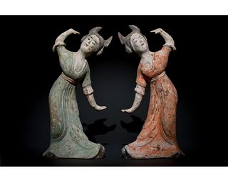 PAIR OF CHINESE TANG DYNASTY TERRACOTTA DANCER FIGURES
