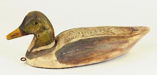 A CARVED AND PAINTED WOOD DUCK DECOY, WITH LEAD SOLE