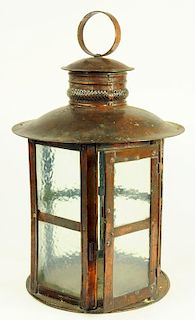 AN ARTS AND CRAFTS SHEET COPPER HALL LANTERN BY HUGHES, BOLCKOW & CO LTD, BLYTH, CIRCULAR STAMPED