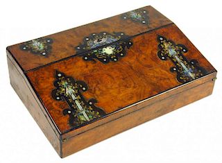 A VICTORIAN BRASS AND MOTHER OF PEAL INLAID WALNUT AND EBONISED WRITING SLOPE