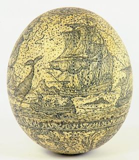 A SCRIMSHAWED OSTRICH EGG, DECORATED WITH WHALING SCENES
