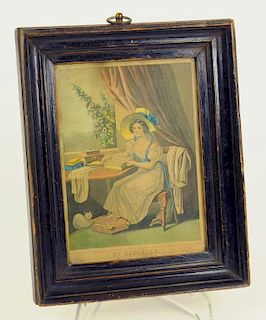 A 19TH CENTURY COLOURED AQUATINT OF MY DAUGHTER, CONTEMPORARY EBONISED FRAME