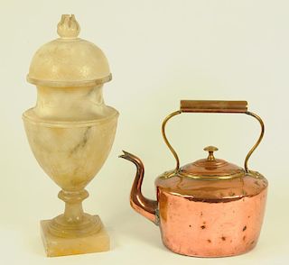 A VICTORIAN COPPER KETTLE AND AN ALABASTER LAMP IN THE FORM OF SHIELD SHAPED VASE AND COVER