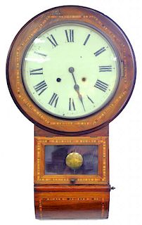 A VICTORIAN WALNUT DROP CASED WALL CLOCK INLAID WITH COLOURED STRAW WORK BANDS
