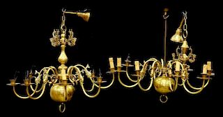 A PAIR OF 18TH CENTURY STYLE BRASS CHANDELIERS, 20TH CENTURY