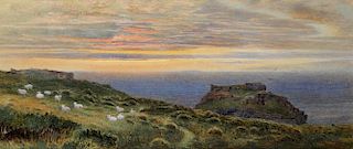 CHARLES REGINALD ASTON, RI (1832-1908) SUNSET ON THE COAST AT TINTAGEL signed and dated 65,