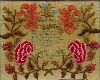 A LINEN AND WOOL EMBROIDERED PICTURE BY MARY WEARY 1837 WORKED WITH VERSE CHRISTIAN UNION AND