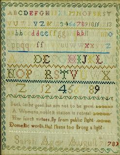 A LINEN SAMPLER WORKED BY SARAH AGER, AUGUST 7 1789 WITH VERSE, LETTERS AND NUMBERS, MAPLE FRAME
