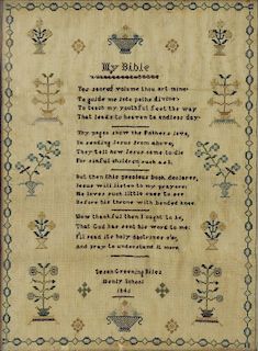 A LINEN SAMPLER WORKED BY SUSAN GREENING BILES, HENLY SCHOOL 1846 WITH VERSE MY BIBLE AND BORDER