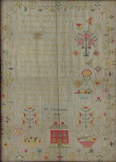 A LINEN SAMPLER, FINELY WORKED BY M. JOHNSON 1806 WITH A RED HOUSE VERSE THE MORNING FLOWERS