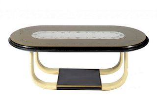 AN ITALIAN CREAM PAINTED, EBONISED AND ETCHED GLASS TOPPED DINING TABLE, C1950  79cm h; 102 x 210cm