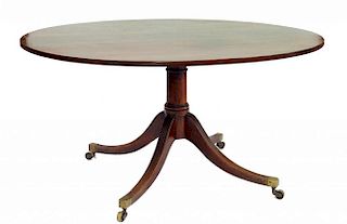 A MAHOGANY BREAKFAST TABLE THE OVAL TOP ON TURNED PILLAR AND QUADRUPLE REEDED LEGS