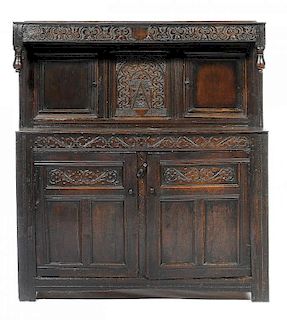 A WELSH OAK CWPWRUDD DEUDDARN, 18TH C 164cm h; 51 x 147cm ++ The two upper doors replaced, the