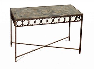 A WROUGHT IRON TABLE WITH ITALIAN SCAGLIOLA TOP, 19TH C   75cm h; 55 x 115cm ++ Table and top both