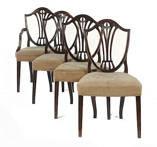 A SET OF FOUR GEORGE III MAHOGANY DINING CHAIRS,  C1800  including an elbow chair  92cm h ++Back