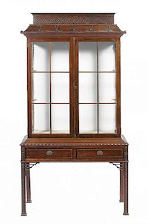 A MAHOGANY PAGODA TOPPED CHINA CABINET, C1930  the apron fitted with two drawers, 172cm h; 39 x 89cm"