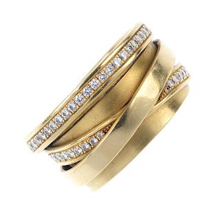 A diamond multi-row band ring. The overlapped bands, with brilliant-cut diamond line detail. Estimat