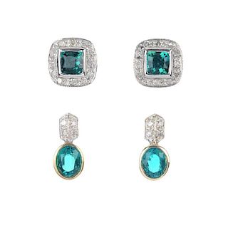 A selection of four pairs of diamond and synthetic gem-set earrings. To include a pair of 9ct gold s