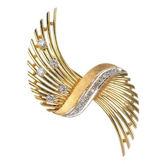 A 1960s 18ct gold diamond brooch. Designed as a stylised bow, with single-cut diamond curved line ce