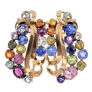 A set of mid 20th century multi-gem jewellery. To include a vari-shape multi-gem cluster ring with b