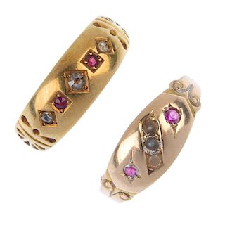 Two late Victorian 15ct gold ruby, diamond and split pearl rings. To include an alternating diamond