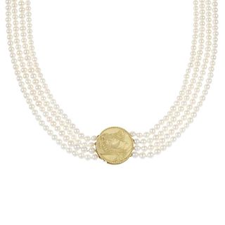 A cultured pearl four-row necklace. Designed as a series of cultured pearls, to the circular-shape c